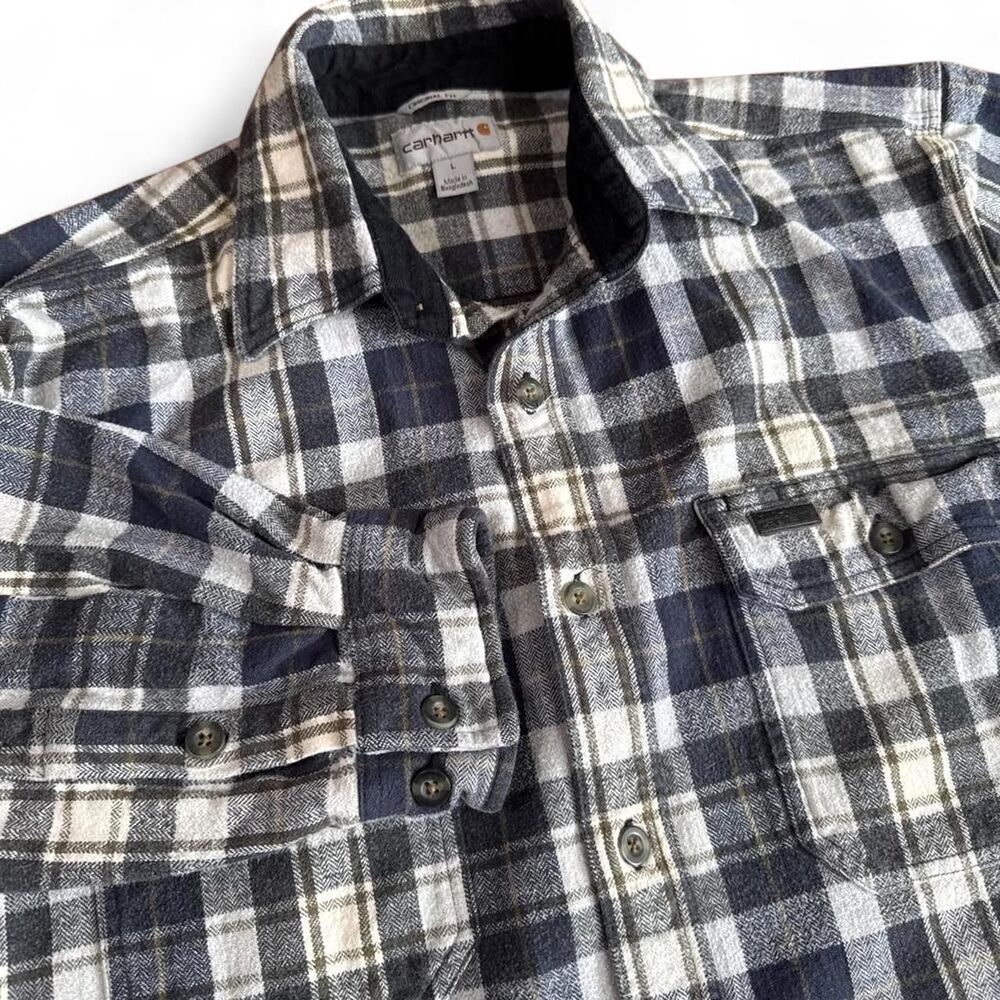 Carhartt Kempton Plaid Flannel Button-Up Shirt Men's L Orig Fit Blue Gray 100587